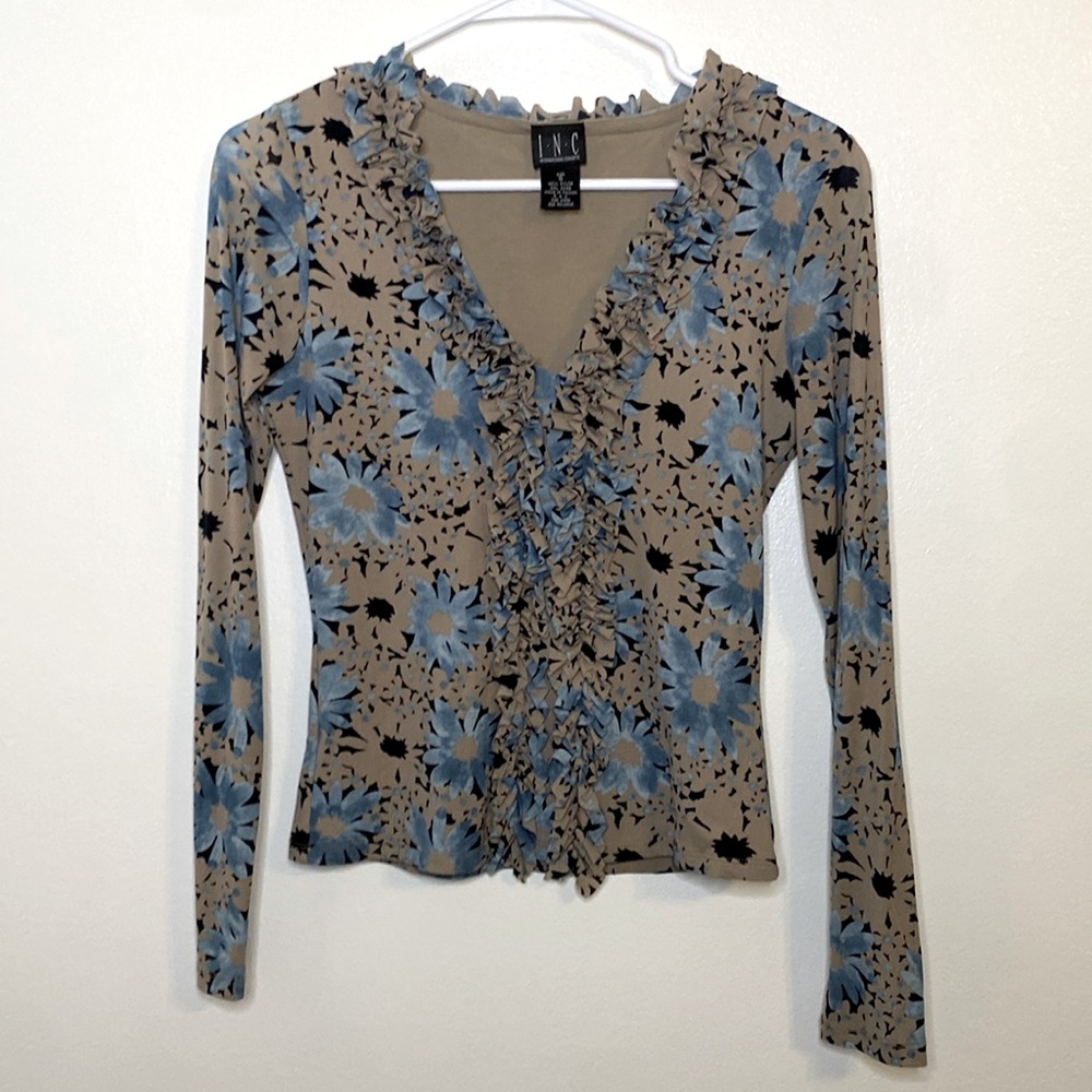 INC Size Small Floral Stretch Blouse Blue Tan Black sheer sleeve Y2k top